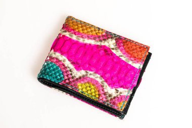 Beyaz arka planda izole edilmiş çok renkli Python deri cüzdan.