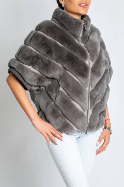 Womens fur jacket, short sleeve, dark gray with iron lock.