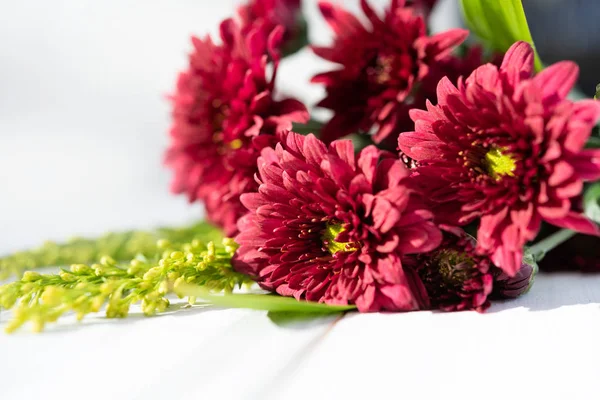 Beautiful Red Fresh Chrysanthemum Flowers Boquet White Wooden Background — Stock Photo, Image