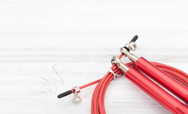 Modern Red Jump Rope White Wooden Background Flat Lay — Stock Photo, Image