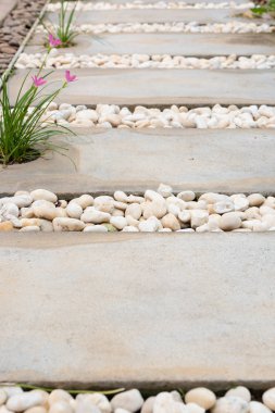 Manzara modern basit taş yolu kahverengi beyaz bahçe dekorasyon içinde çakıl ve pembe yağmur lily çiçek