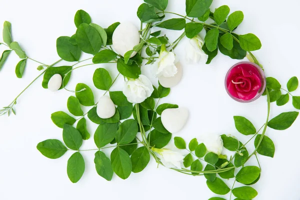 Bougie rose rouge, magnifique cadre de fleurs de pois papillon, feuille verte — Photo