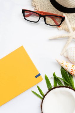 Denizyıldızı ile yaz arka plan, kabukları, hindistan cevizi, sarı defter, h