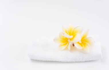 Beyaz haddelenmiş havlu Frangipani çiçek spa nesne si ile süsleyin 