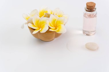 Spa konsepti, gül sıvı sabun, Plumeria çiçek ve zen taş üzerinde 