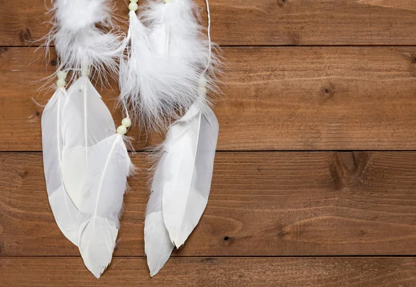 White dream catcher on wooden background,flat lay — Stock Photo, Image