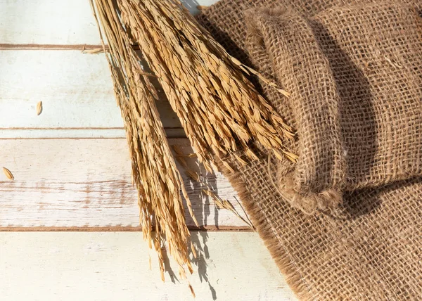 Bouquet dry ears of rice Thai jusmine and burlap or sackcloth on — Stock Photo, Image