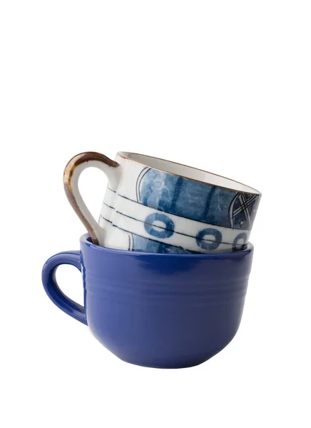 Сині Чашки Кави Ізольовані Білому Тлі Відсічним Контуром — стокове фото