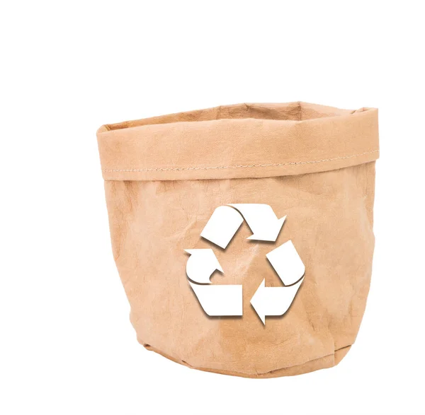 Recycled Sign Brown Paper Flower Pot Bag Isolated White Background — Stock Photo, Image