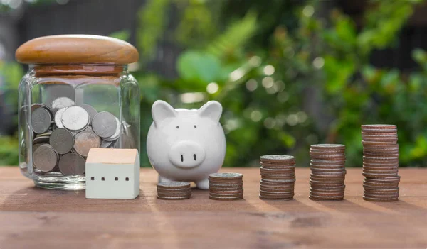 Piggy Bank Money Coins House Model Wood Table Nature Background — Stock Photo, Image
