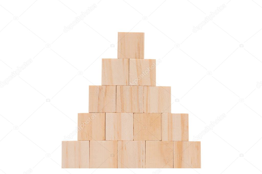 Wood cube model  set in pyramid shape isolated on white background with clipping path