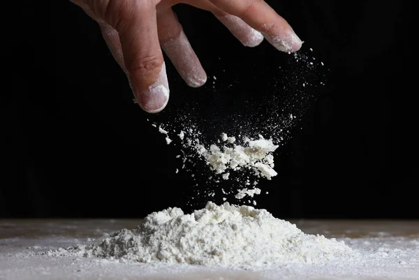 Kitchen View Falling Flour Table Making Dough — Stock Photo, Image