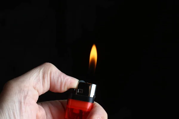 Burning Torch Lighter Hands Black Background — Stock Photo, Image