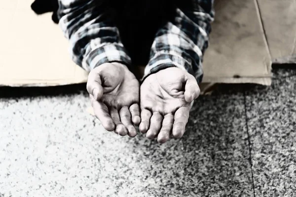 Close Hand Homeless Man Wish Money People Walking Street — Stock Photo, Image