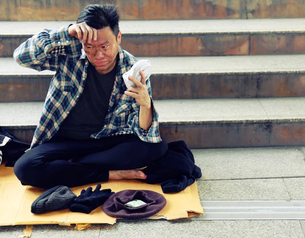 Close Homeless Man Sitting Walking Street Capital City — Stock Photo, Image