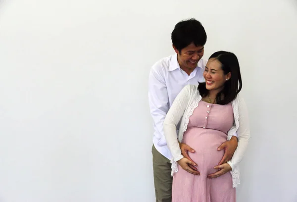 Close Pregnant Woman Husband Happy Smile Portrait Hug White Background — Stock Photo, Image