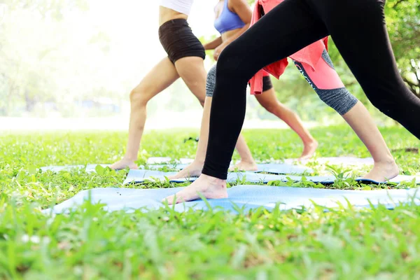 Feliz Mujer Joven Amistad Disfrutar Jugar Yoga Parque Del Jardín — Foto de Stock