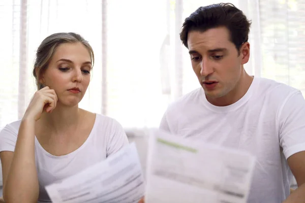 Unhappy Portrait Young Couple Feeling Worried Cost Bad Economy Home — Stock Photo, Image