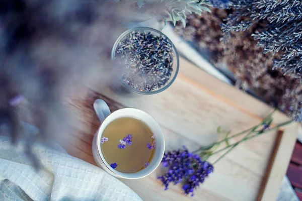 Teacup Herbal Lavender Tea Table — Stock Photo, Image
