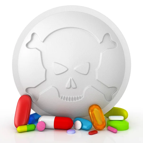 Коллекция красочных таблеток с черепом и перекрестными костями - 3d rend — стоковое фото