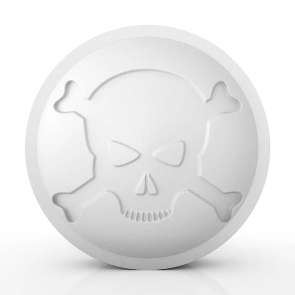 Een grote witte pil met schedel en Crossbones-3D renderen — Stockfoto