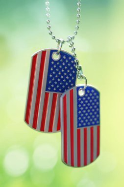 Amerikan bayrağı köpek etiketleri dışında asılı