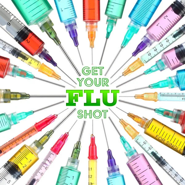 Яркие и красочные шприцы - Получите ваш FLU выстрел — стоковое фото
