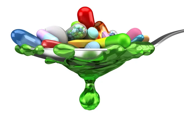 Dosis de píldoras coloridas y medicina en cuchara - 3d render —  Fotos de Stock