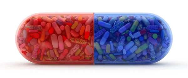 Besar merah dan biru pil diisi dengan warna-warni pil-3d render — Stok Foto