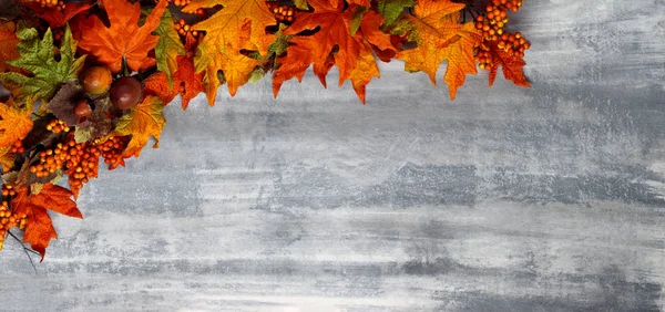 Hojas de otoño rojas, amarillas, verdes y doradas sobre madera blanca lavada —  Fotos de Stock
