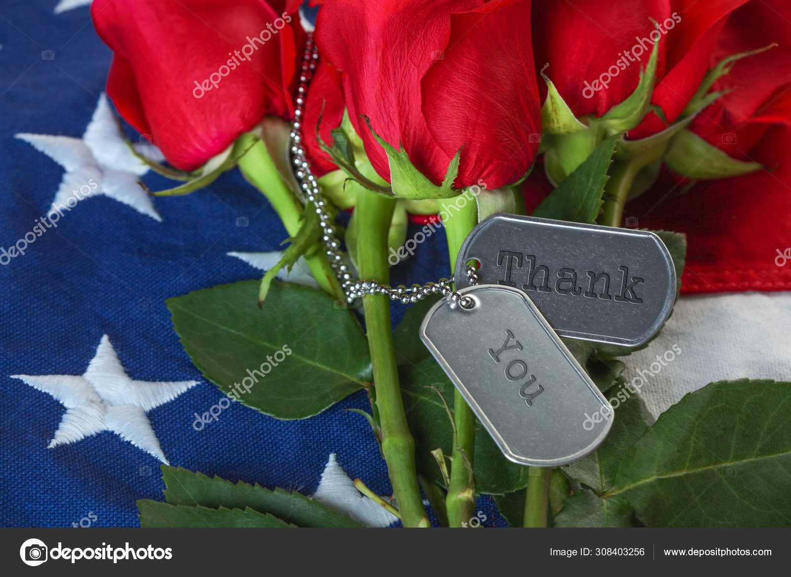 American flag with roses and military dog tags Stock Photo by ©SSilver