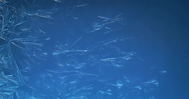Niebieskie Zimowe Tło Kryształów Lodu Tworzących Mroźne Zamrożenie Szybie Okiennej — Wideo stockowe