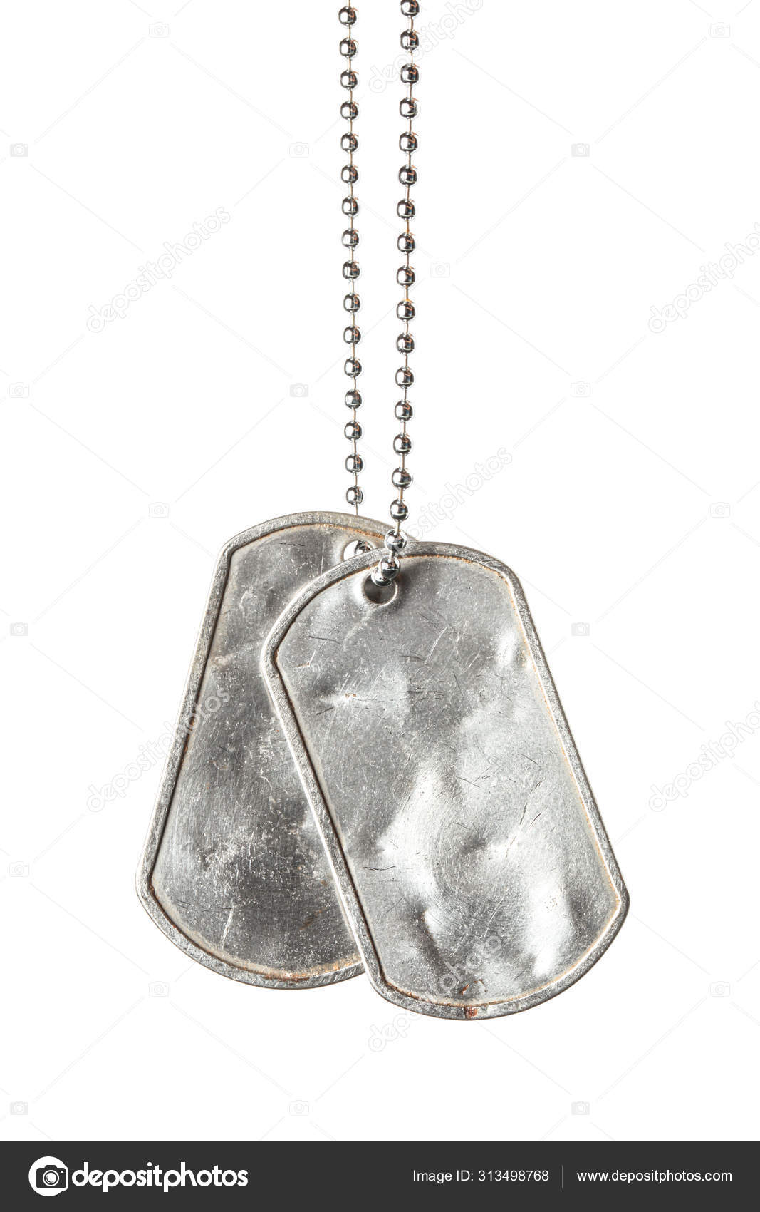 Old and worn blank military dog tags with chain isolated on whit