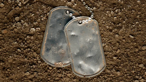 Dental i noszone puste wojskowe nieśmiertelniki pies spadł w brudzie — Zdjęcie stockowe