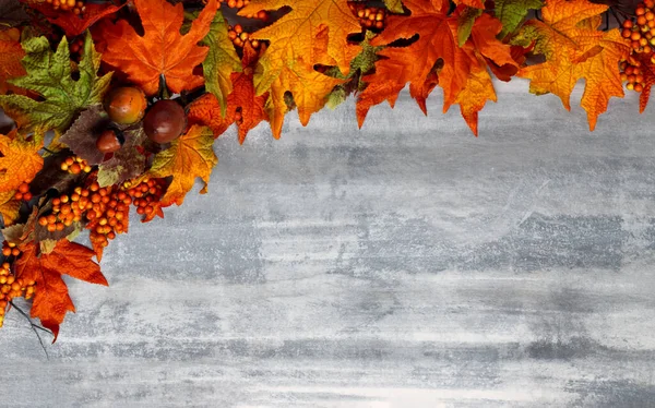 Hojas de otoño rojas, amarillas, verdes y doradas sobre madera blanca lavada — Foto de Stock