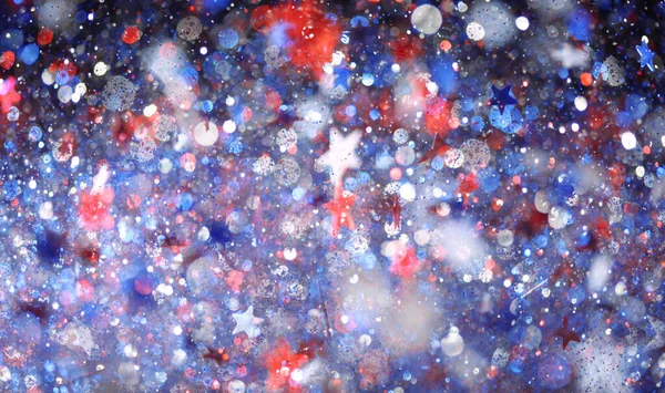 Fond Rouge Blanc Bleu Scintillant Paillettes Dispersées Avec Des Étoiles — Photo