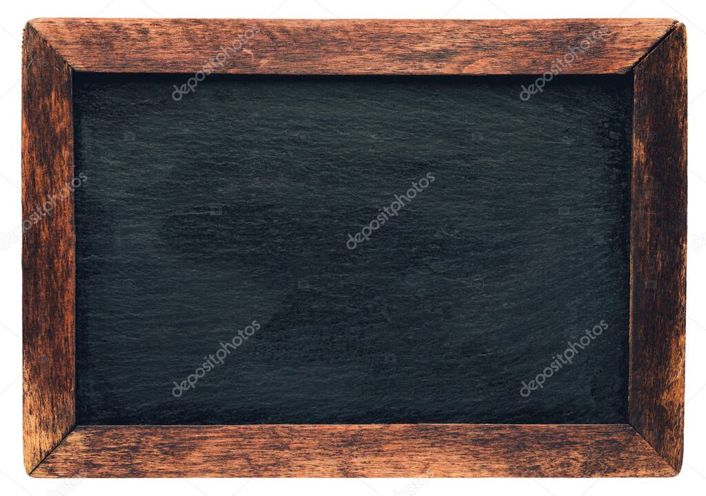 Old vintage chalkboard with worn wooden frame. Blank empty blackboard with space for text.