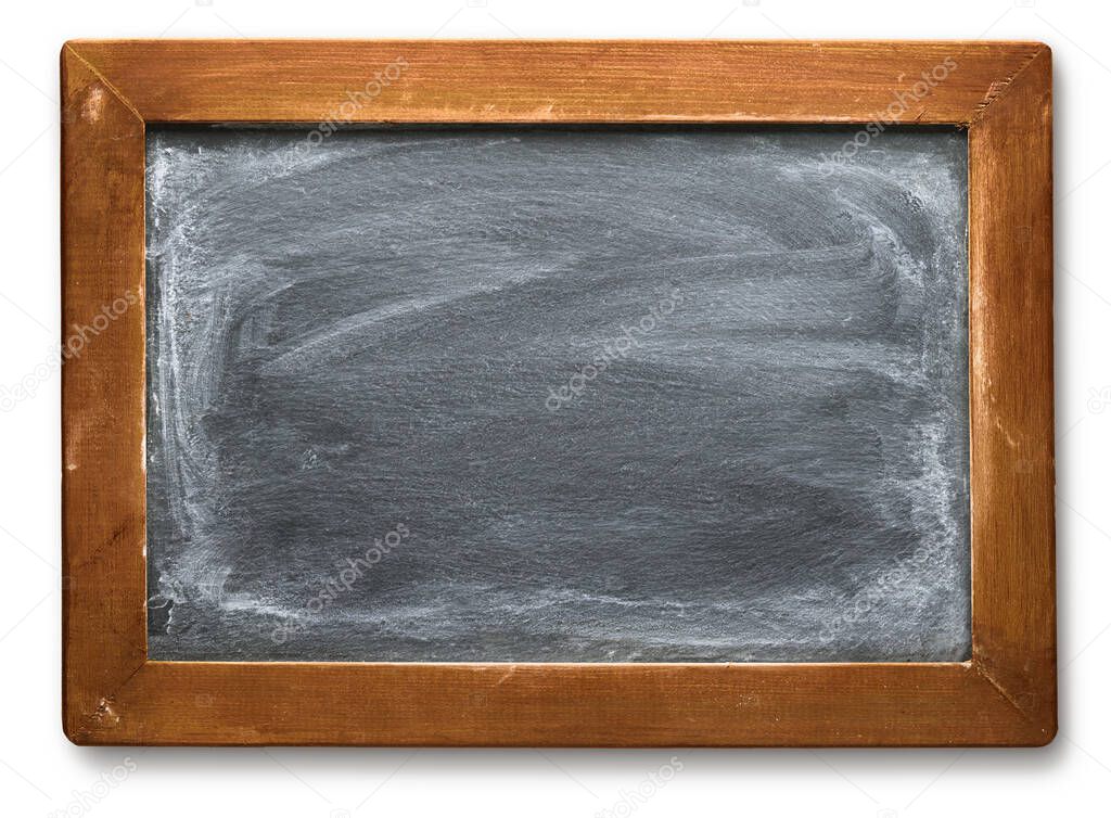 Dusty and dirty old vintage chalkboard with worn wooden frame. Blank empty blackboard with space for text.