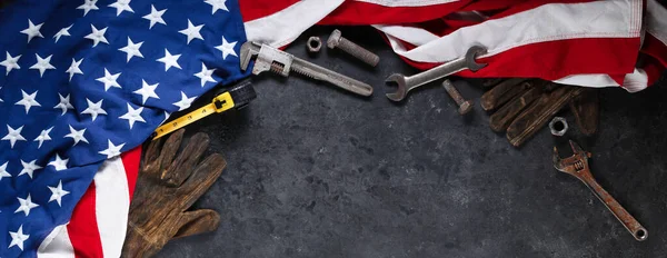 Bouw Productie Tools Met Patriottische Usa Amerikaanse Vlag Donker Zwarte — Stockfoto