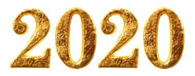 2020 Yeni Yıl sayıları beyaz üzerinde izole edilmiş parlak altın yapraklar.
