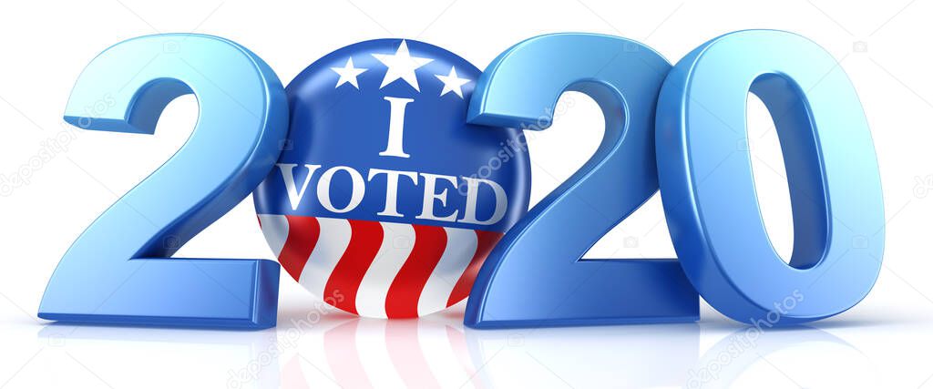 Vote 2020. Red, white, and blue voting pin in 2020 with I Voted text. 3d render.