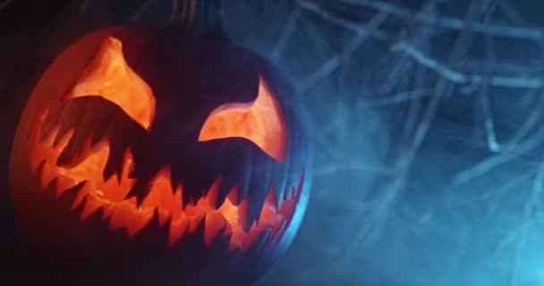 Spooky Halloween Jack Lantern Glowing Scary Face Carved Out Pumpkin — Stock Video