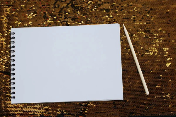 Cuaderno Con Hojas Blancas Vacías Rascador Madera Están Sobre Brillante — Foto de Stock