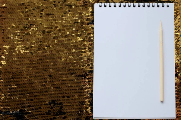 Caderno Com Folhas Brancas Vazias Raspador Madeira Estão Fundo Brilhante — Fotografia de Stock