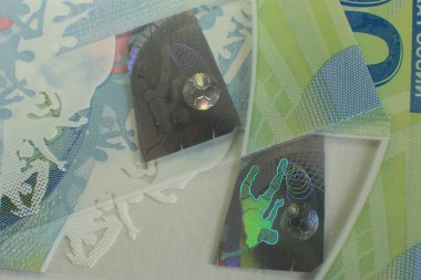 Nizhny Novgorod, Volga bölgesi / Rusya - 22 Temmuz 2019: 100 ruble lik dünya kupası nın makro fotoğrafı