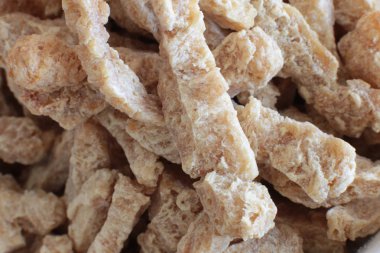 Yarı bitmiş kuru soya et vejetaryenler gıda birçok parça Sığır straganof için Vegan makro fotoğraf fasulye ürün