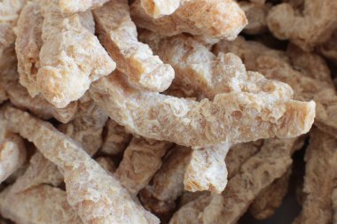 Yarı bitmiş kuru soya et vejetaryenler gıda birçok parça Sığır straganof için Vegan makro fotoğraf fasulye ürün