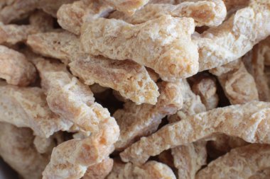 Yarı bitmiş kuru soya et vejetaryenler gıda birçok parça Sığır straganof için Vegan makro fotoğraf fasulye ürün