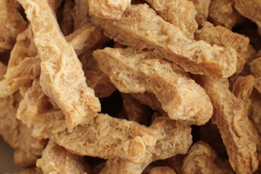 Yarı bitmiş kuru soya et vejetaryenler gıda birçok parça Sığır straganof için Vegan makro fotoğraf fasulye ürün