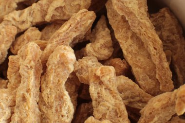 Yarı bitmiş kuru soya et vejetaryenler gıda birçok parça Sığır straganof için Vegan makro fotoğraf fasulye ürün